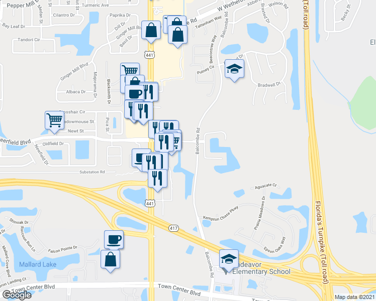 map of restaurants, bars, coffee shops, grocery stores, and more near 1702 Deerfield Boulevard in Orlando