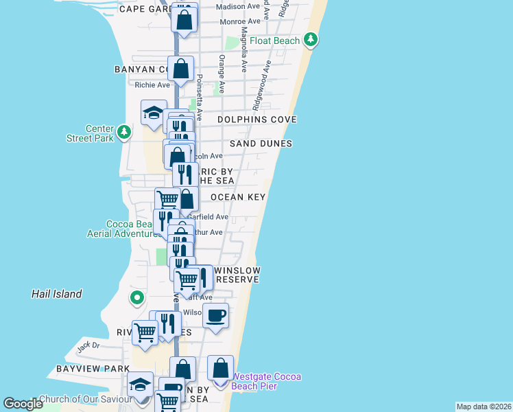 map of restaurants, bars, coffee shops, grocery stores, and more near 410 Hayes Avenue in Cocoa Beach