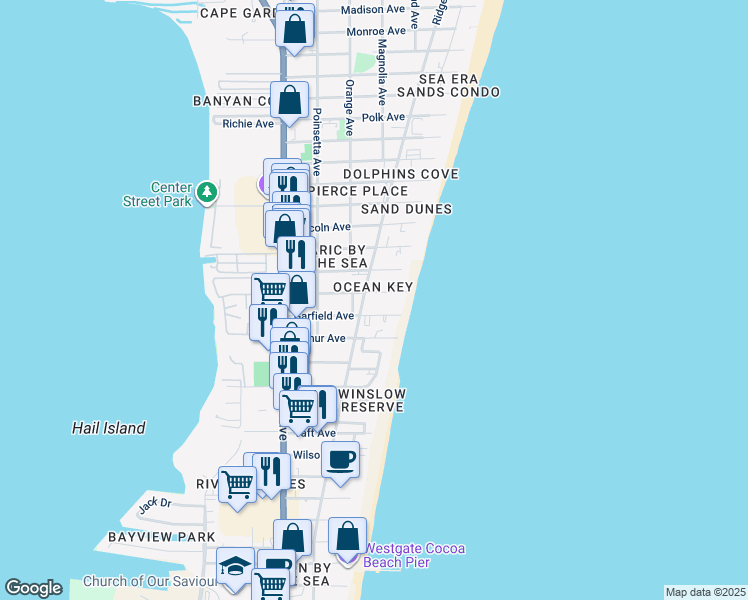 map of restaurants, bars, coffee shops, grocery stores, and more near 410 Hayes Avenue in Cocoa Beach