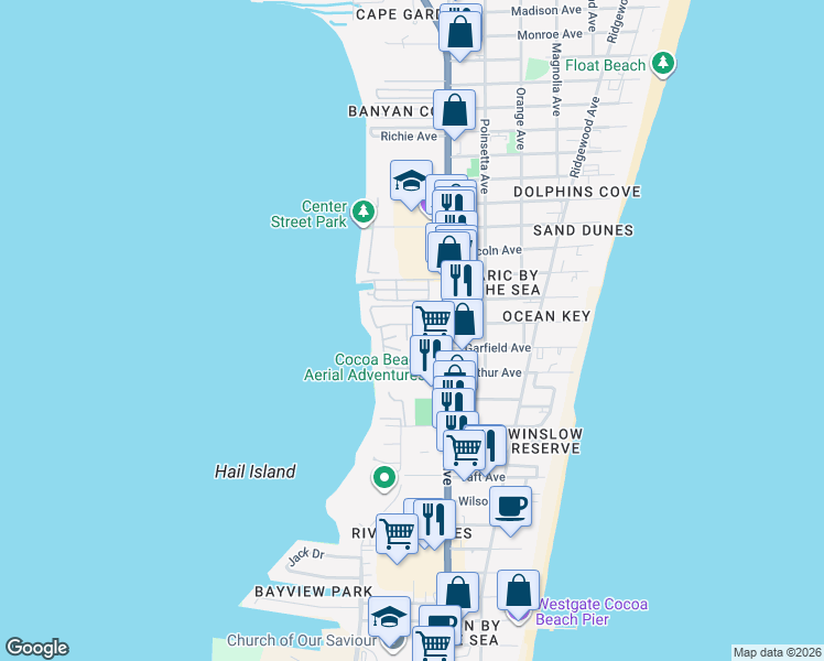 map of restaurants, bars, coffee shops, grocery stores, and more near 151 Cape Shores Circle in Cape Canaveral