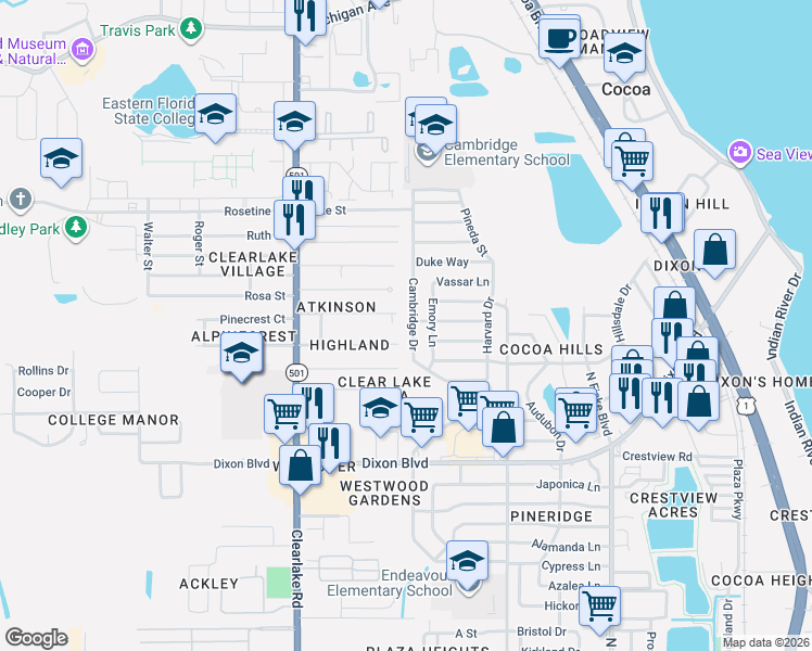 map of restaurants, bars, coffee shops, grocery stores, and more near 1404 Paradise Lane in Cocoa
