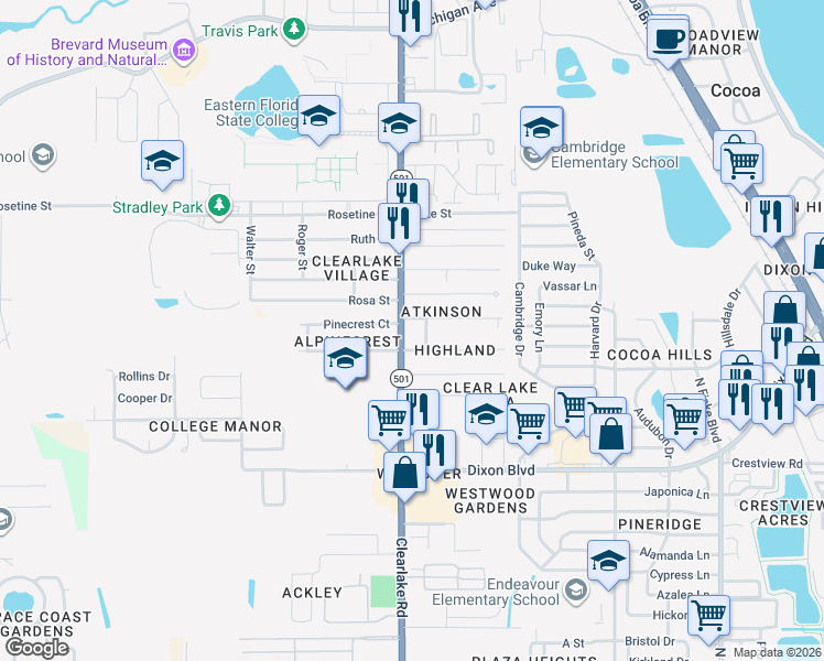 map of restaurants, bars, coffee shops, grocery stores, and more near 1526 Paradise Lane in Cocoa
