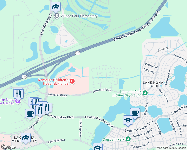 map of restaurants, bars, coffee shops, grocery stores, and more near 13703 Lippman Alley in Orlando