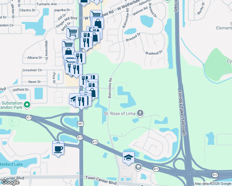 map of restaurants, bars, coffee shops, grocery stores, and more near 12607 Enclave Drive in Orlando