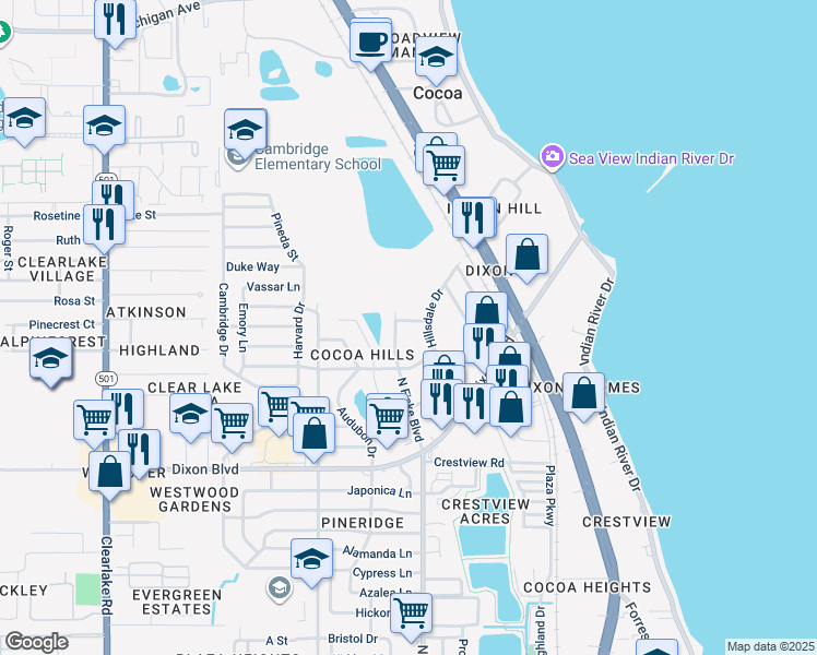 map of restaurants, bars, coffee shops, grocery stores, and more near 905 Carson Street in Cocoa