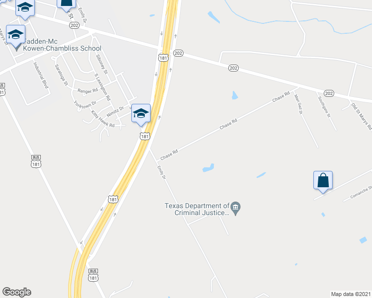 map of restaurants, bars, coffee shops, grocery stores, and more near 2470 Chase Road in Beeville