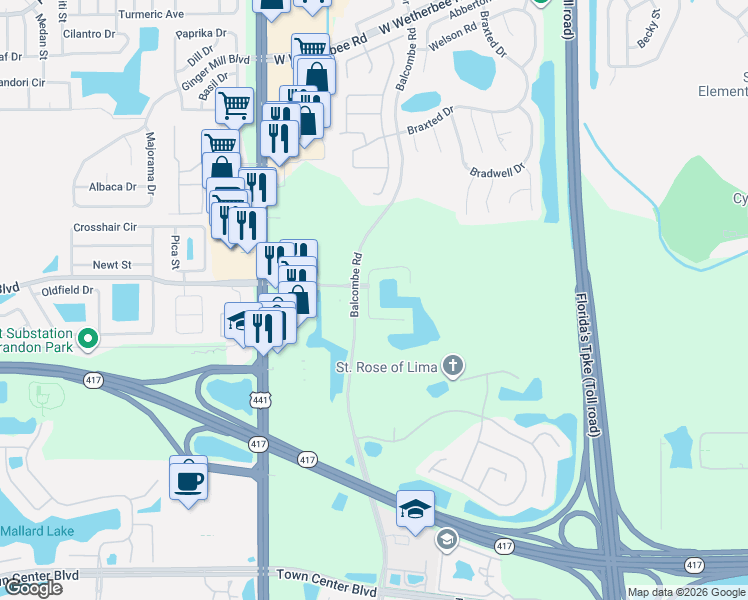 map of restaurants, bars, coffee shops, grocery stores, and more near 12607 Enclave Drive in Orlando
