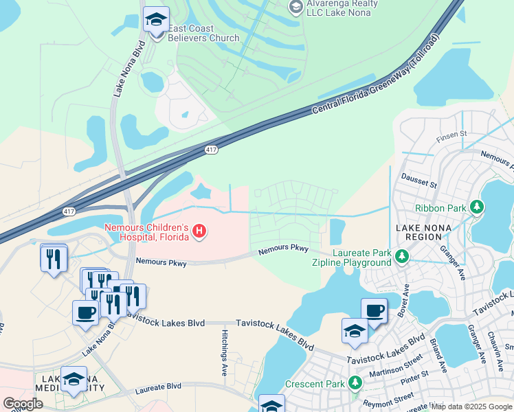 map of restaurants, bars, coffee shops, grocery stores, and more near 13703 Lippman Alley in Orlando