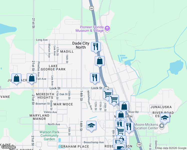 map of restaurants, bars, coffee shops, grocery stores, and more near Hill Road in Dade City