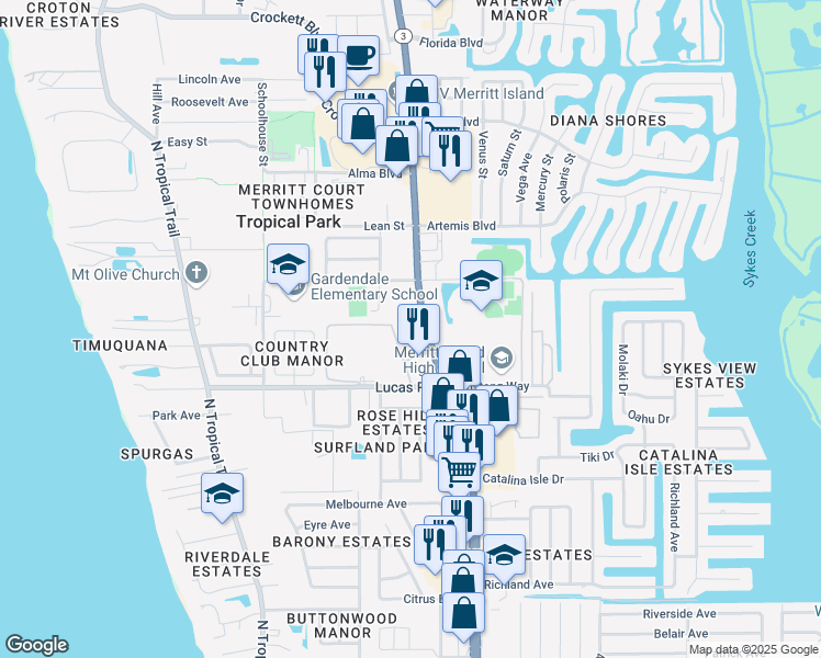 map of restaurants, bars, coffee shops, grocery stores, and more near 1195 North Courtenay Parkway in Merritt Island