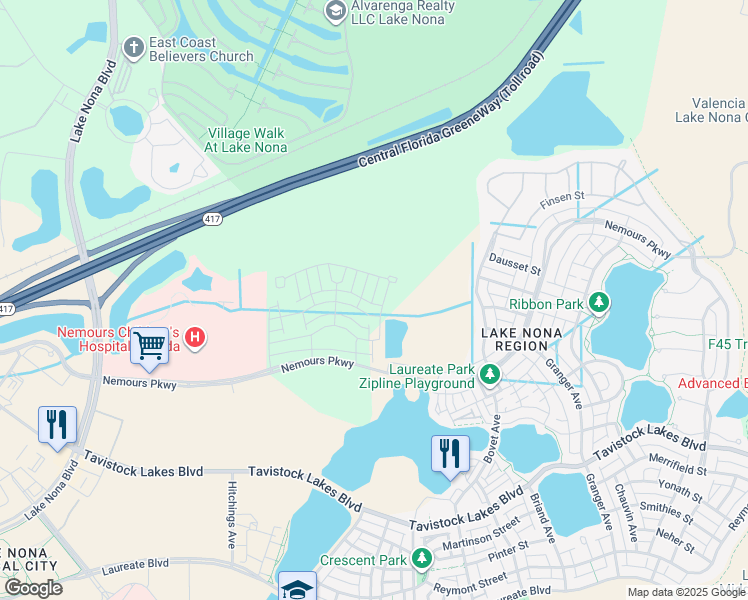 map of restaurants, bars, coffee shops, grocery stores, and more near 14076 Gullstrand Avenue in Orlando