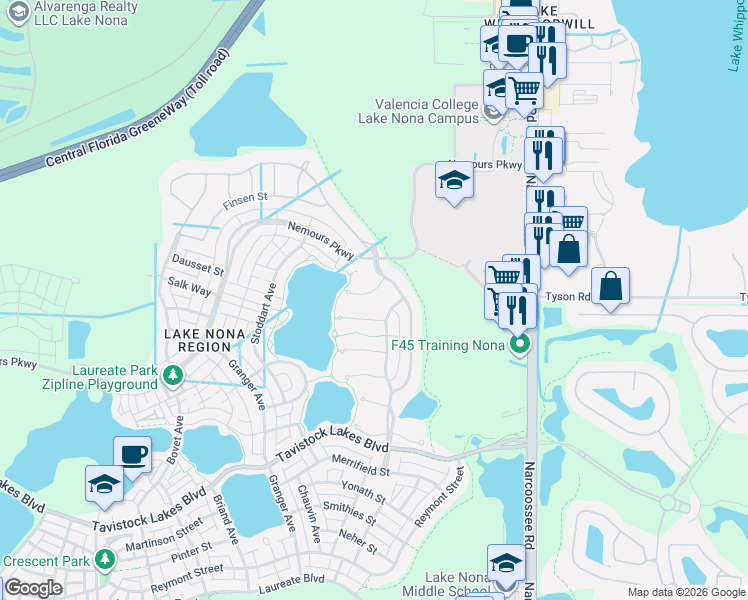map of restaurants, bars, coffee shops, grocery stores, and more near 9445 Becker Court in Orlando