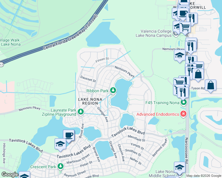 map of restaurants, bars, coffee shops, grocery stores, and more near 13143 Stoddart Avenue in Orlando