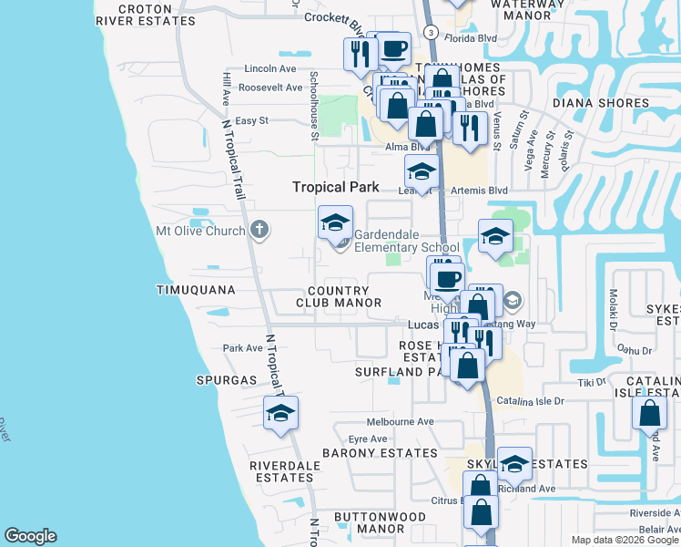 map of restaurants, bars, coffee shops, grocery stores, and more near 340 Saint Regis Drive in Merritt Island