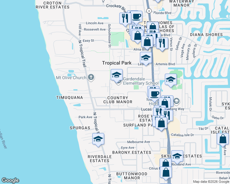 map of restaurants, bars, coffee shops, grocery stores, and more near 340 Saint Regis Drive in Merritt Island