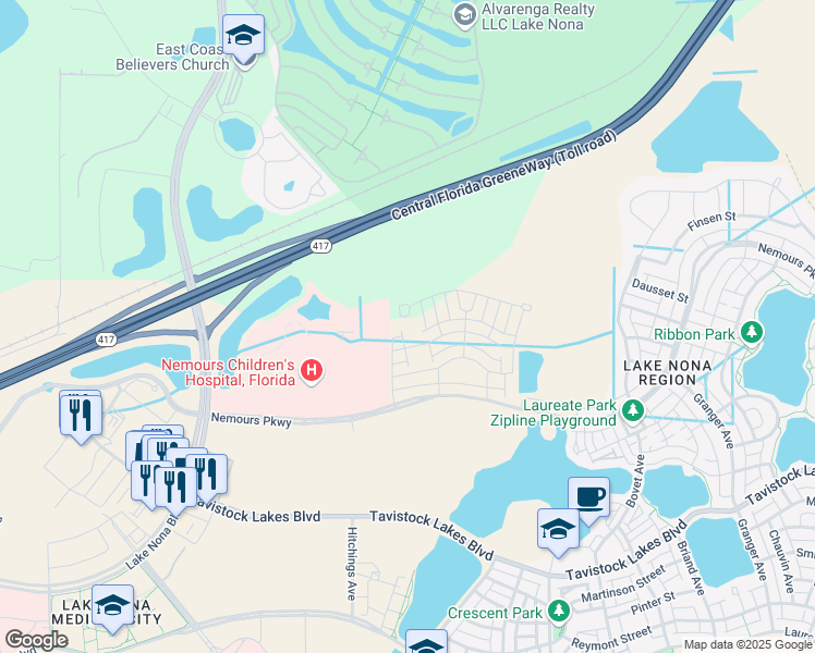 map of restaurants, bars, coffee shops, grocery stores, and more near 13703 Lippman Alley in Orlando