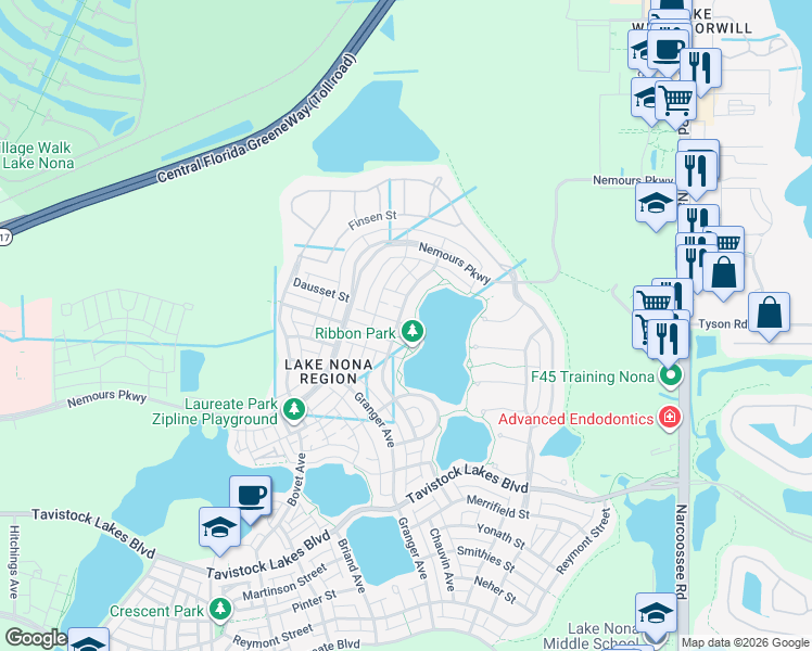 map of restaurants, bars, coffee shops, grocery stores, and more near 13143 Stoddart Avenue in Orlando