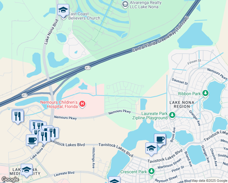 map of restaurants, bars, coffee shops, grocery stores, and more near 13703 Lippman Alley in Orlando