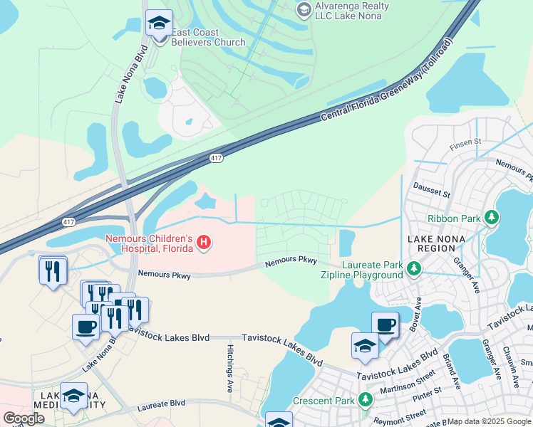 map of restaurants, bars, coffee shops, grocery stores, and more near 13703 Lippman Alley in Orlando