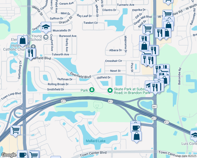 map of restaurants, bars, coffee shops, grocery stores, and more near 2363 Oldfield Drive in Orlando