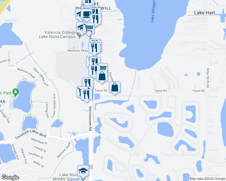 map of restaurants, bars, coffee shops, grocery stores, and more near 26881 Tyson Road in Orlando