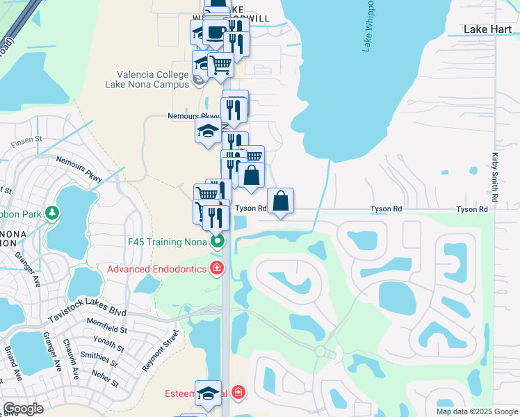 map of restaurants, bars, coffee shops, grocery stores, and more near 21187 Tyson Road in Orlando