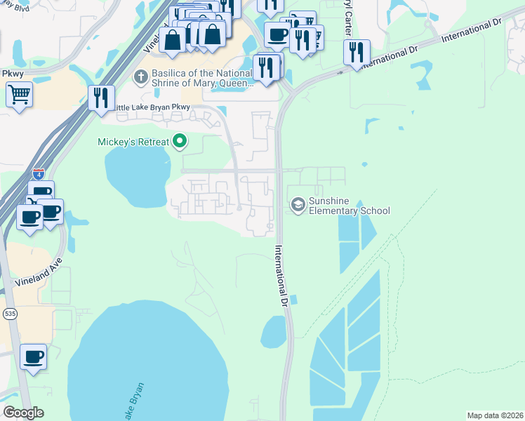 map of restaurants, bars, coffee shops, grocery stores, and more near 8151 Patterson Woods Drive in Orlando