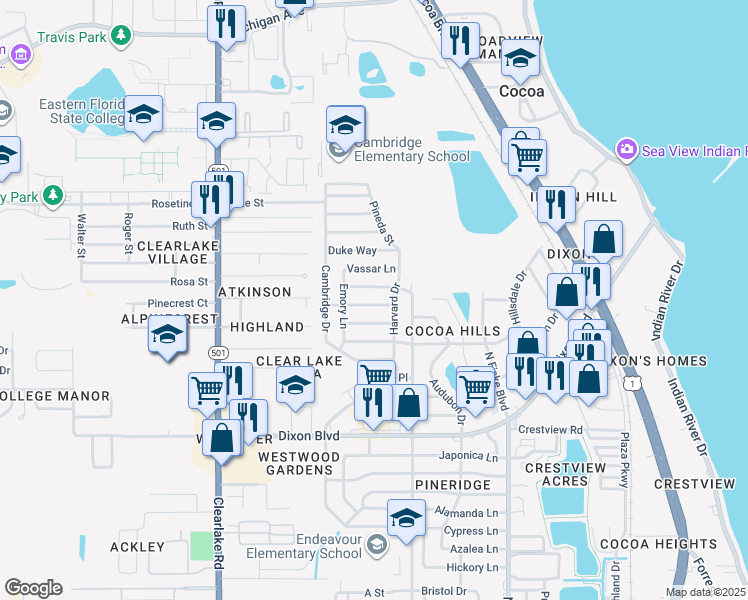 map of restaurants, bars, coffee shops, grocery stores, and more near 1206 Oxford Way in Cocoa