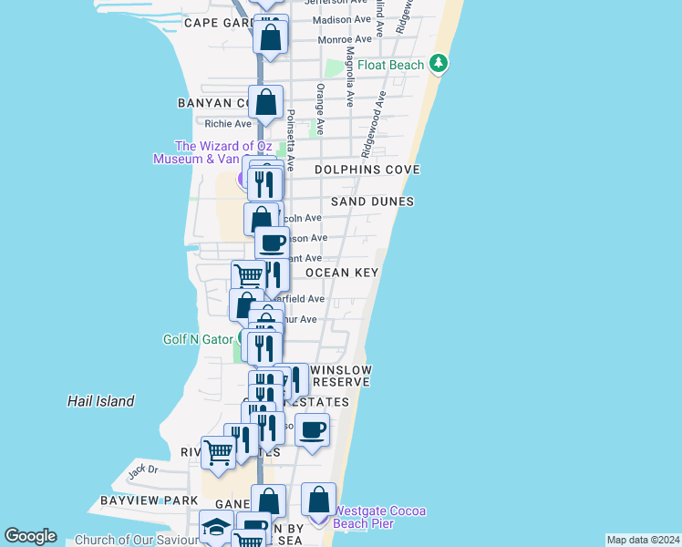map of restaurants, bars, coffee shops, grocery stores, and more near 6730 Ridgewood Avenue in Cocoa Beach