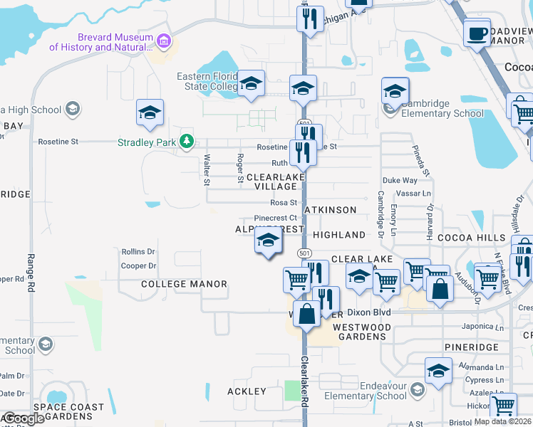 map of restaurants, bars, coffee shops, grocery stores, and more near 1601 Rosa Street in Cocoa
