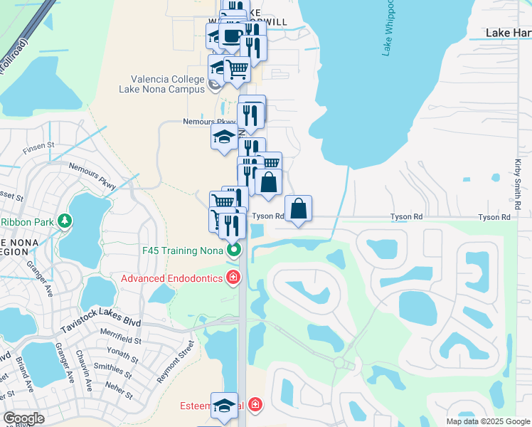 map of restaurants, bars, coffee shops, grocery stores, and more near 10153 Tyson Road in Orlando