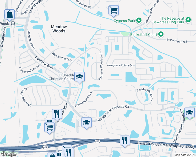 map of restaurants, bars, coffee shops, grocery stores, and more near 12945 Ohio Woods Lane in Orlando