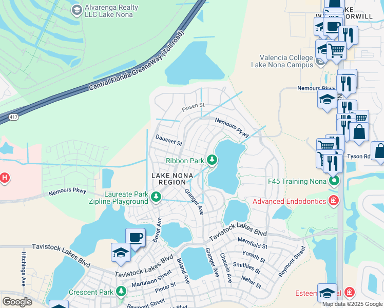 map of restaurants, bars, coffee shops, grocery stores, and more near 8527 Omura Alley in Orlando