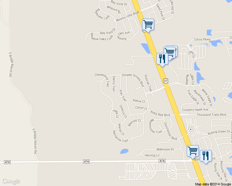 map of restaurants, bars, coffee shops, grocery stores, and more near 2206 Dancy Trail in Clermont