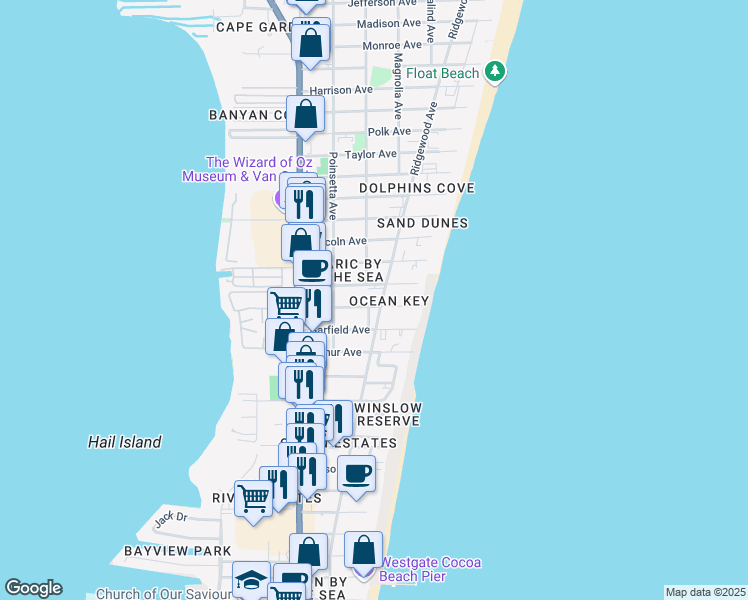map of restaurants, bars, coffee shops, grocery stores, and more near 280 Hayes Avenue in Cocoa Beach