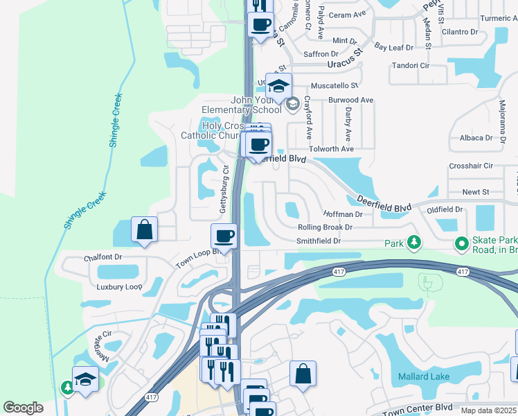 map of restaurants, bars, coffee shops, grocery stores, and more near 2928 Smithfield Drive in Orlando