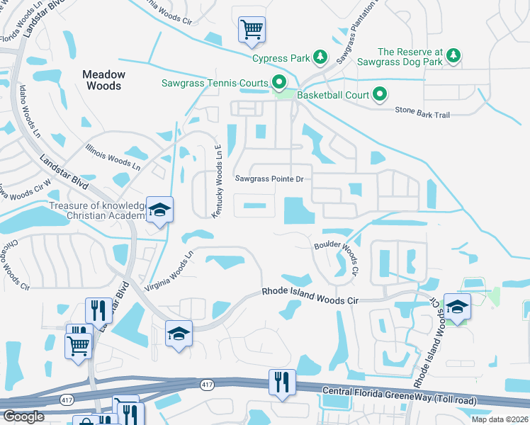 map of restaurants, bars, coffee shops, grocery stores, and more near 12906 Sawgrass Pine Circle in Orlando