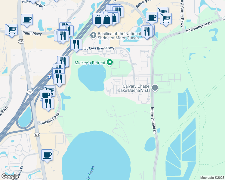 map of restaurants, bars, coffee shops, grocery stores, and more near 8150 Chatham Manor Boulevard in Orlando
