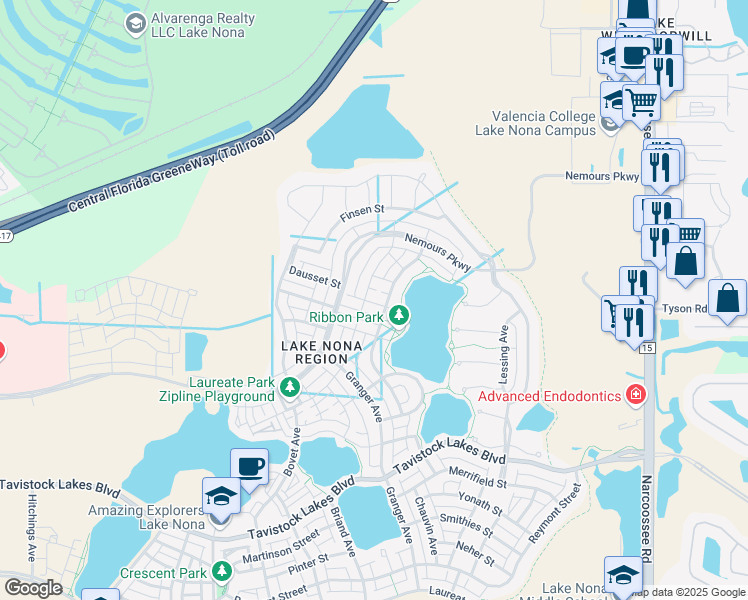 map of restaurants, bars, coffee shops, grocery stores, and more near 8527 Omura Alley in Orlando