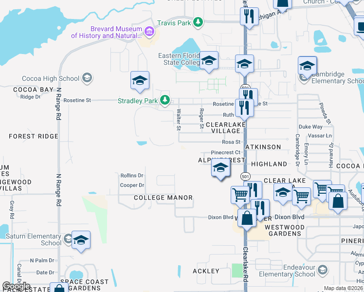 map of restaurants, bars, coffee shops, grocery stores, and more near 1765 Rosa Street in Cocoa