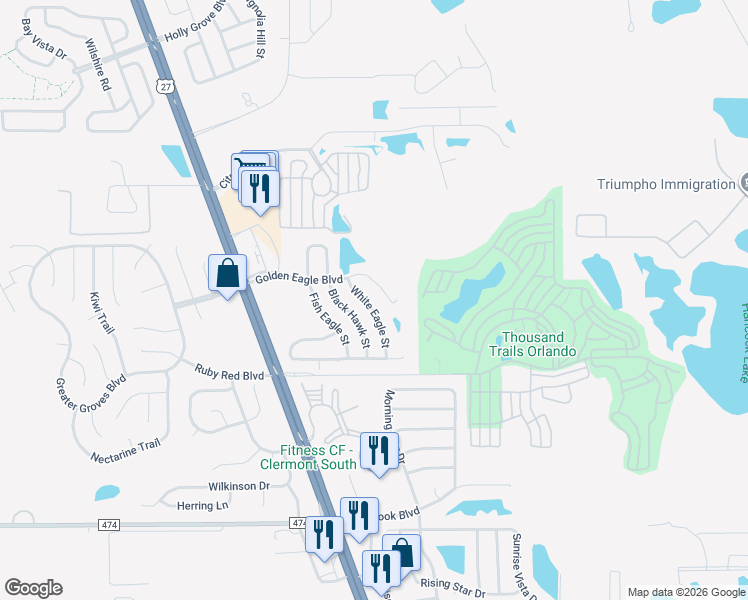 map of restaurants, bars, coffee shops, grocery stores, and more near 16524 Golden Eagle Boulevard in Clermont