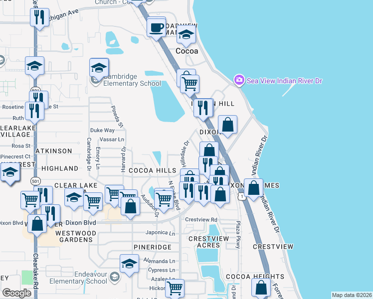 map of restaurants, bars, coffee shops, grocery stores, and more near 1412 Hillsdale Drive in Cocoa