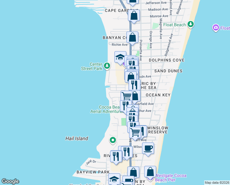 map of restaurants, bars, coffee shops, grocery stores, and more near 4 Cape Shores Circle in Cape Canaveral