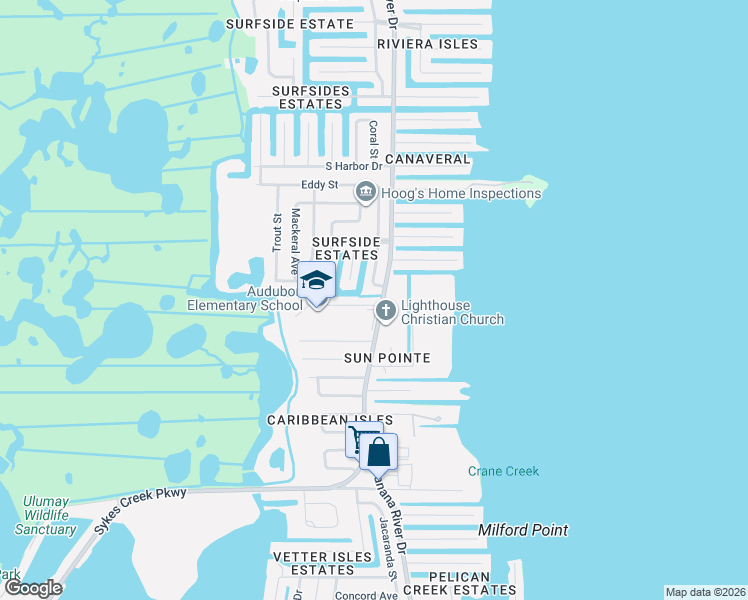 map of restaurants, bars, coffee shops, grocery stores, and more near 1275 North Banana River Drive in Merritt Island