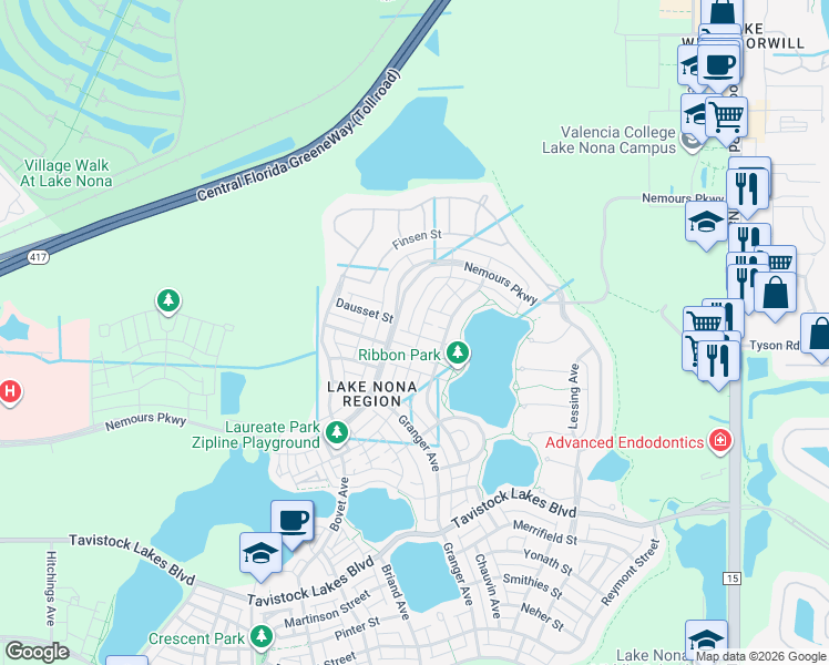 map of restaurants, bars, coffee shops, grocery stores, and more near 8527 Omura Alley in Orlando