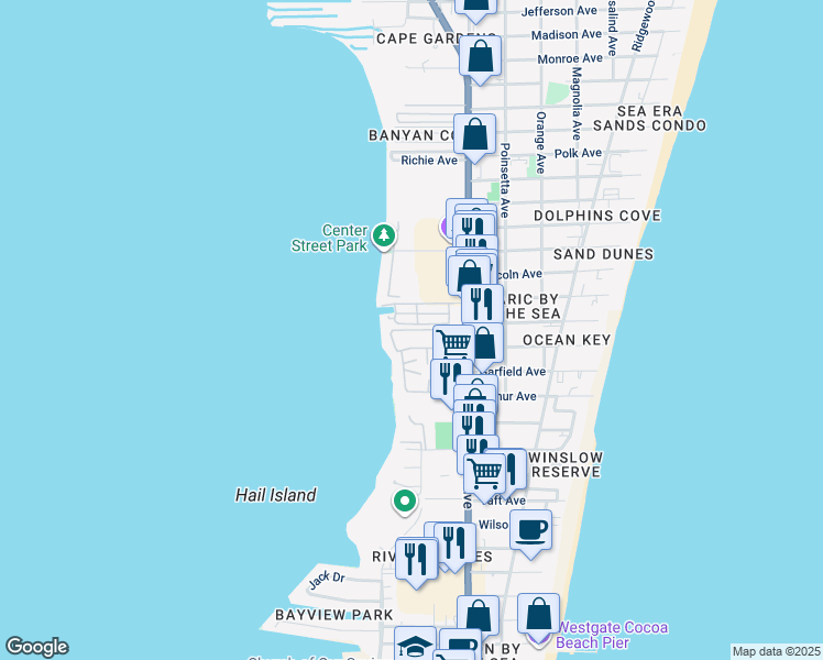 map of restaurants, bars, coffee shops, grocery stores, and more near 4 Cape Shores Circle in Cape Canaveral
