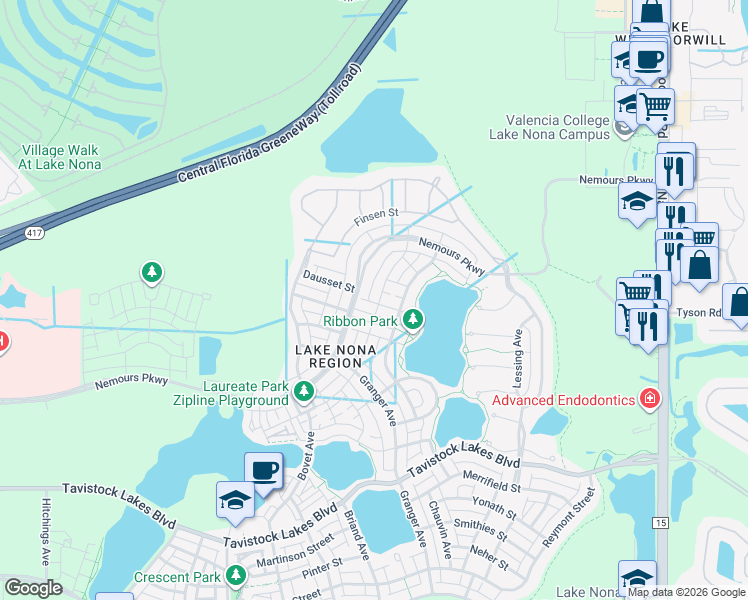 map of restaurants, bars, coffee shops, grocery stores, and more near 8527 Omura Alley in Orlando