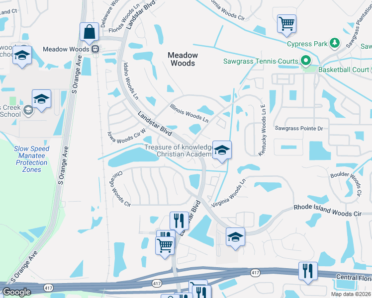 map of restaurants, bars, coffee shops, grocery stores, and more near 12935 Nebraska Woods Court in Orlando