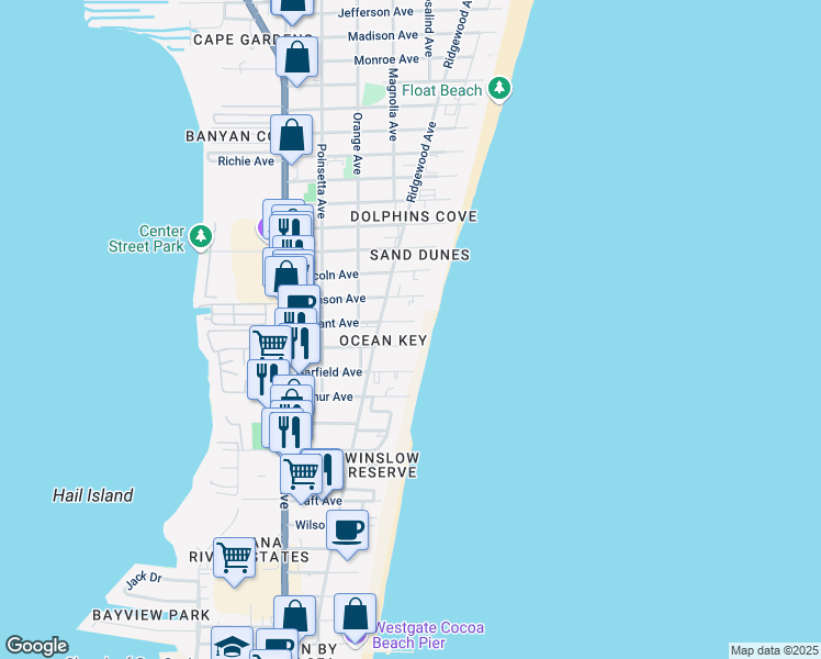 map of restaurants, bars, coffee shops, grocery stores, and more near 6770 Ridgewood Avenue in Cocoa Beach