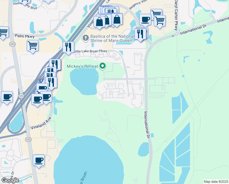 map of restaurants, bars, coffee shops, grocery stores, and more near 8150 Chatham Manor Boulevard in Orlando